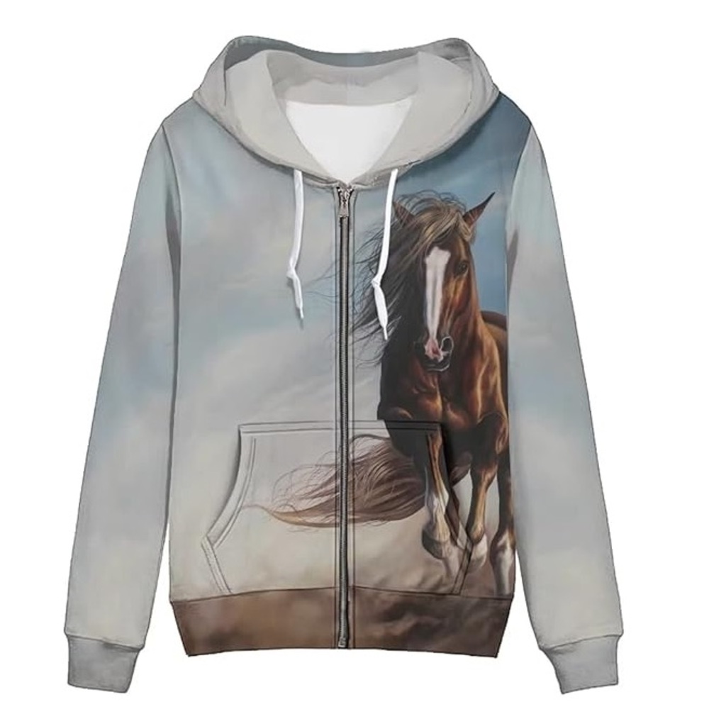 New Horse Print Zip Up Hoodie Jacket